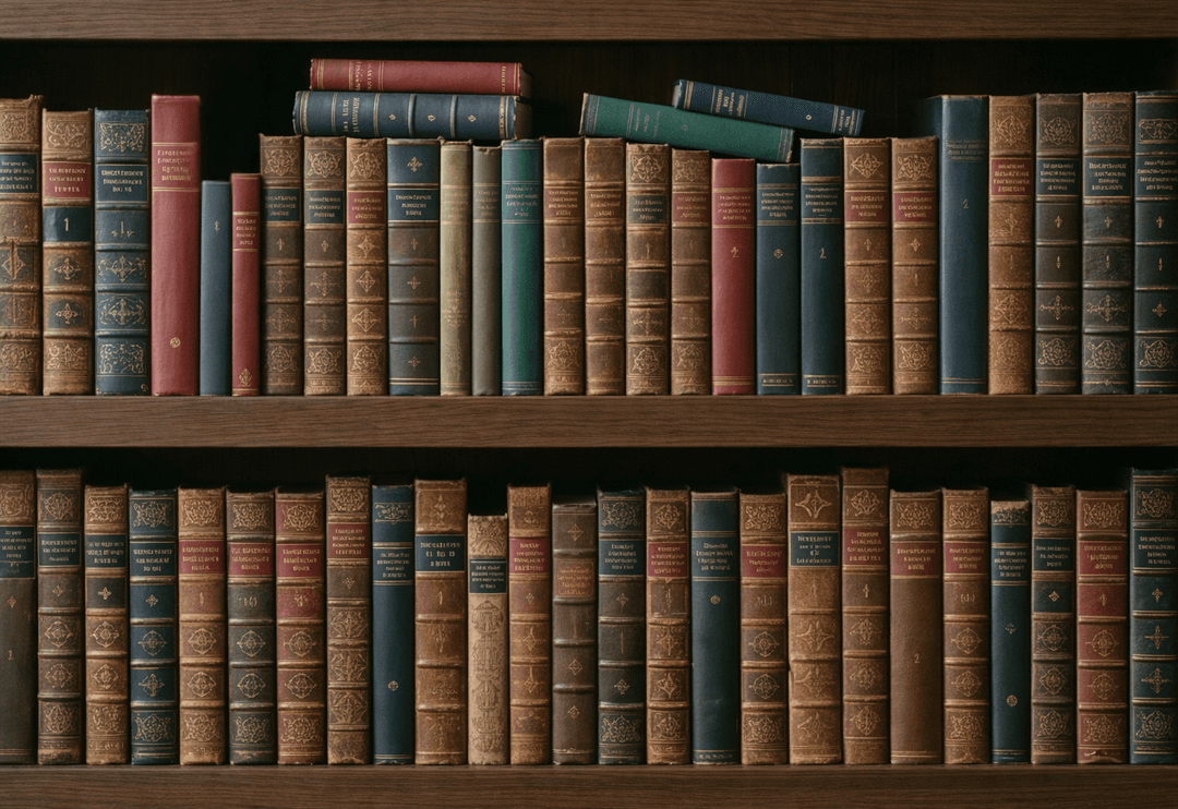 Ancient leather-bound books on wooden shelves